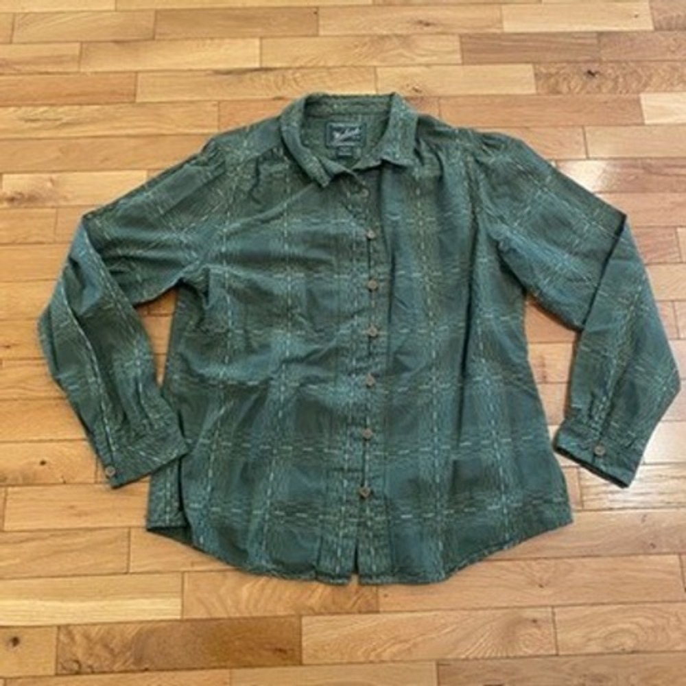 Woolrich Womens Large Olive Green Textured Grid Button Down‎ Long Sleeve Shirt